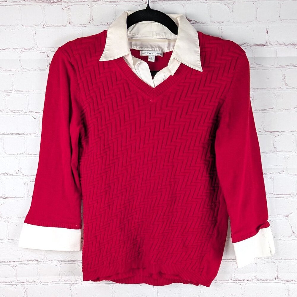 Notations Faux Collared Red Sweater - Small